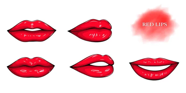 Lábios Femininos Brilhantes Vermelhos Desenhados Mão — Vetor de Stock