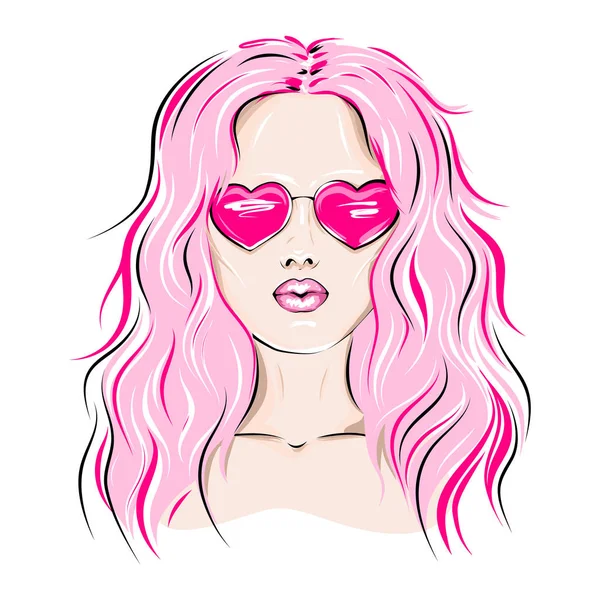 Fashion Illustration Young Woman Pink Hair Wearing Heart Shaped Glasses — Stock Vector