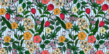 Çiçeksiz desen. Elma, kiraz, kiraz, sakura, lale, kardelen, ağaç dalları ve yeşil yapraklardan oluşan karalama arkaplanı. Vektör 10