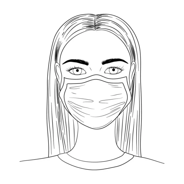 医学マスクで手描きの中国の女性は ウイルスに対する保護 ベクトルEps — ストックベクタ