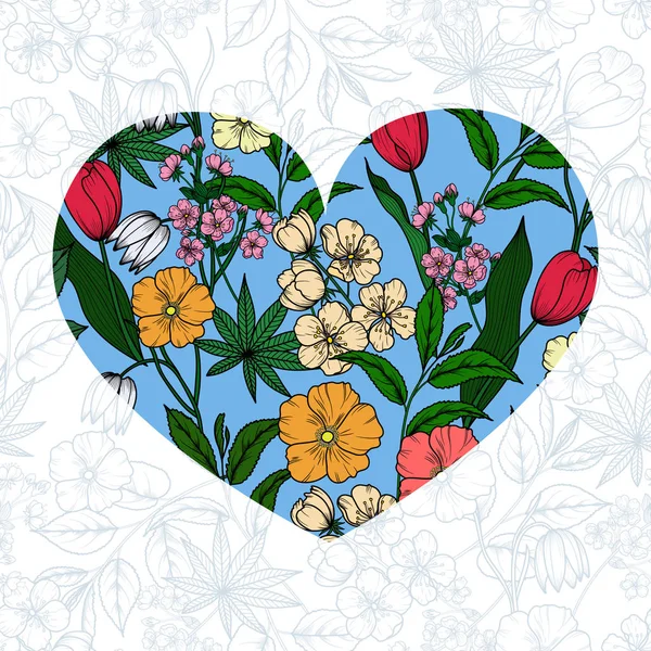 Квітковий Старовинний Весняний Фон Серцем Намальованих Вручну Квітів Яблук Вишні — стоковий вектор