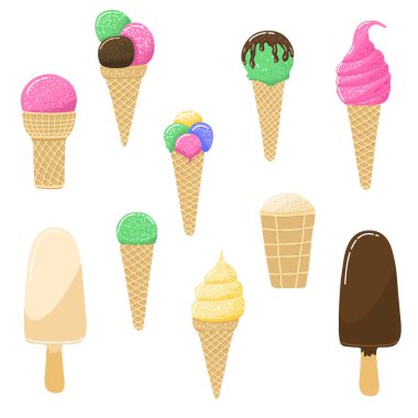Elle çizilmiş çilek, çikolata, vanilya, fıstıklı dondurma ve dondurma. Düz vektör çizimi. Eps 10