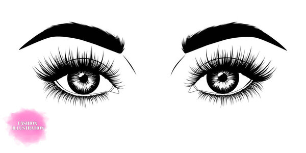 Fashion illustration. Black and white hand-drawn image of beautiful eyes with eyebrows and long eyelashes. Vector EPS 10.