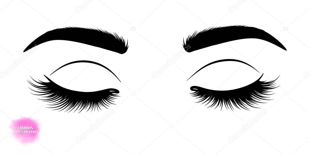 Fashion illustration. Black and white hand-drawn image of closed eyes with eyebrows and long eyelashes. Vector EPS 10.