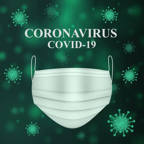 Ilustración Cuadrada Vectorial Coronavirus Máscara Médica Sobre Fondo Verde Oscuro — Archivo Imágenes Vectoriales