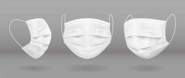 Üç projeksiyonda beyaz tıbbi maske. Virüs koruması. Vektör EPS10