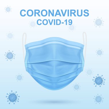 Virüs ve mavi tıbbi maske. Covid-19 konsepti. Coronavirus koruması. Vektör EPS 10