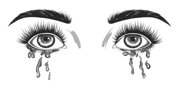 Hand Drawn Black White Eyes Woman Crying Vector Eps — Stock Vector