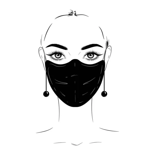 Hand Drawn Fashion Illustration Beautiful Woman Black Medical Mask Vector — Stock Vector