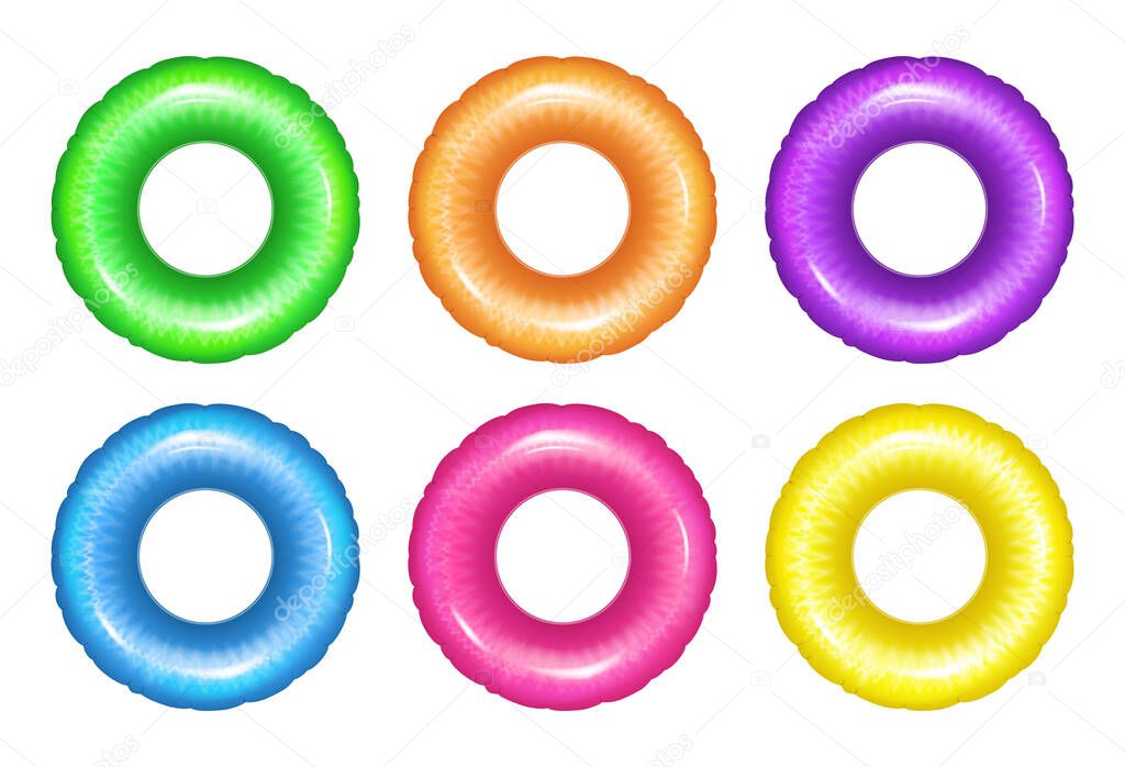 Vector realistic rubber ring isolated on white. Swim ring of six different colors, set. EPS 10