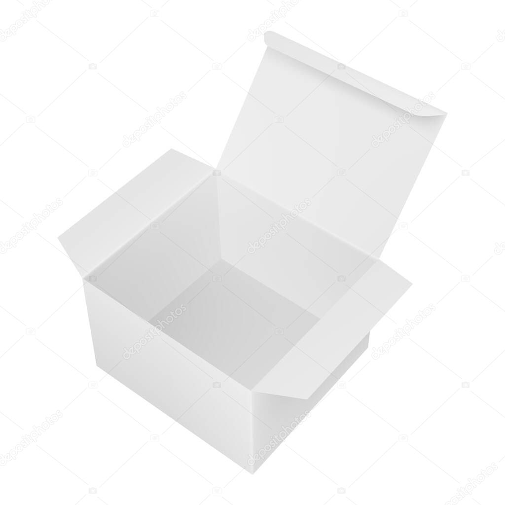 Vector realistic mockup of blank open rectangular paper box. Isolated on white. EPS 10.