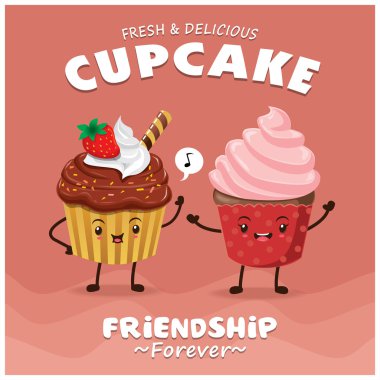 Vintage Cupcake afiş tasarımı vektör cupcake karakteri ile.