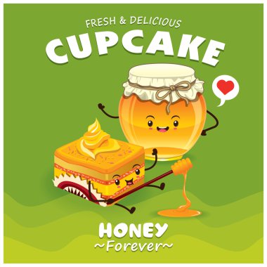 Vektör cupcake karakteri ile Vintage Cupcake ve bal poster tasarımı.
