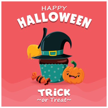 Vintage Halloween cupcake poster tasarımı vektör cupcake karakteri ile.