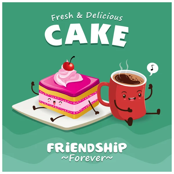 Design de cartaz de bolo e café vintage com caráter de bolo e café . —  Vetores de Stock
