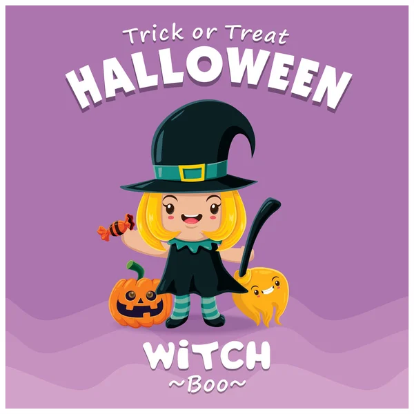 Design poster vintage de Halloween cu caracter vectorial vrăjitoare . — Vector de stoc