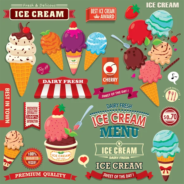 Vintage ijs poster ontwerpset met ijs karakter. — Stockvector