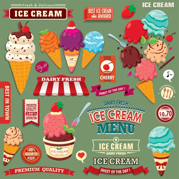 Vintage Ice Cream poster design set with ice cream character. — Stock Vector