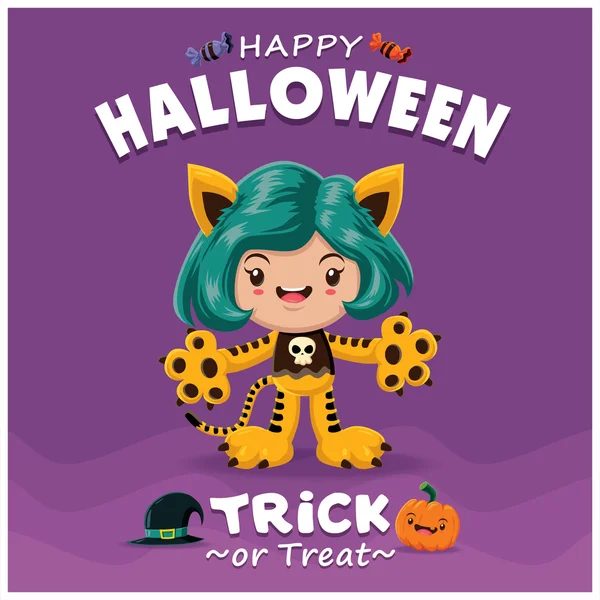 Desain poster Halloween kuno dengan karakter harimau vektor . - Stok Vektor