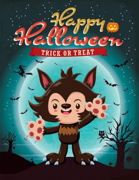 Desain poster Halloween kuno dengan karakter manusia serigala vektor . - Stok Vektor