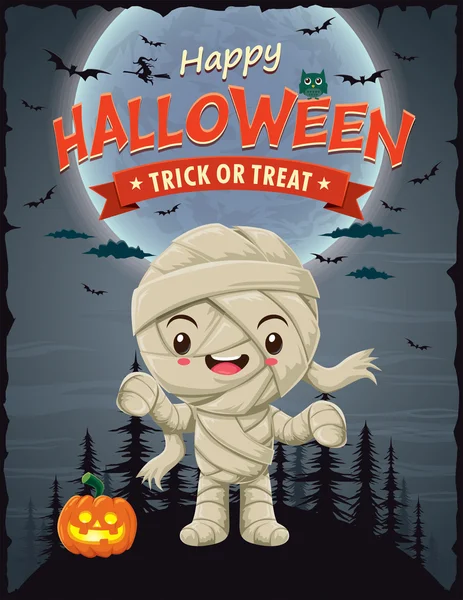 Vintage Halloween poster design with vector mummy character. — Stock Vector