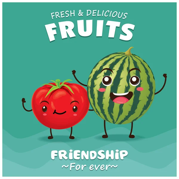 Design de pôster de frutas vintage com caráter vetorial de tomate e melancia . — Vetor de Stock