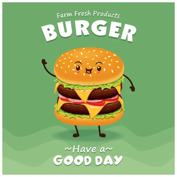 Vintage Hamburger poster ontwerpset met vector Hamburger karakter. — Stockvector
