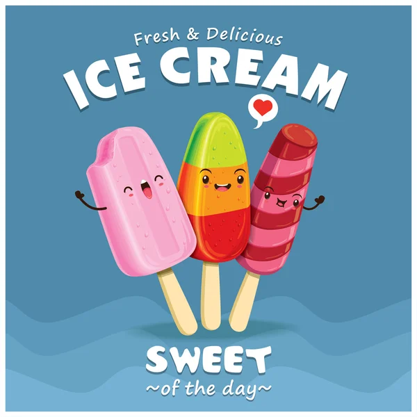 Vintage dondurma afiş tasarımı dondurma karakteri ile. — Stok Vektör