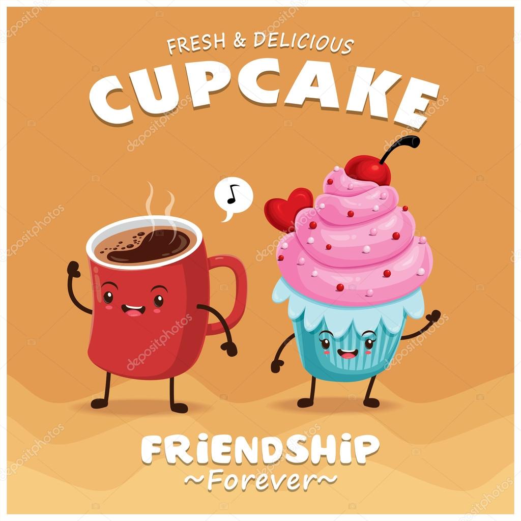 Vintage Cake Coffee Poster Design With Cake Coffee Character