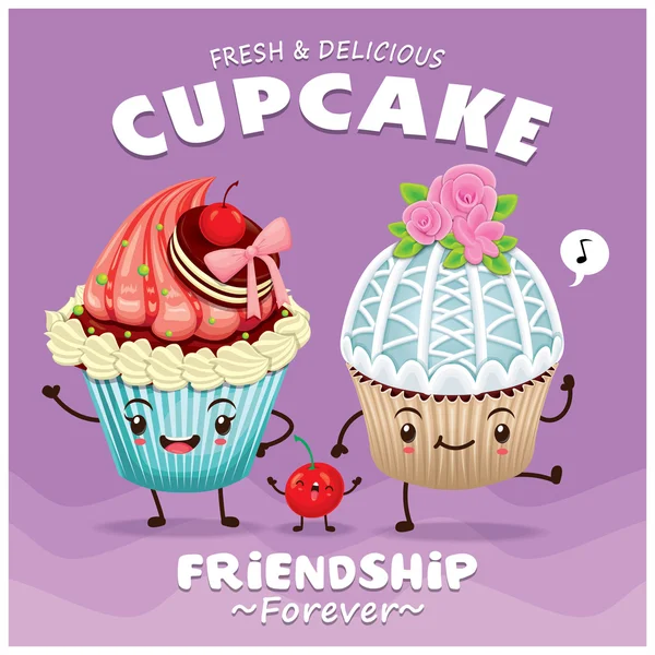 Desain poster Cupcake vintage dengan karakter vektor cupcake . - Stok Vektor