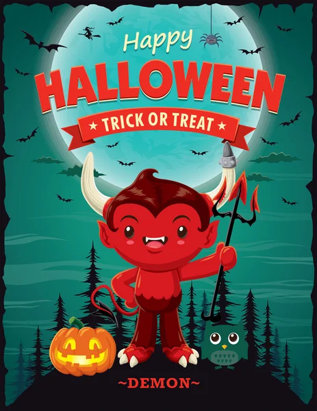 Design de cartaz de Halloween vintage com caráter de diabo vetorial . — Vetor de Stock