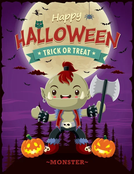 Diseño de póster de Halloween vintage con carácter orco vectorial . — Archivo Imágenes Vectoriales