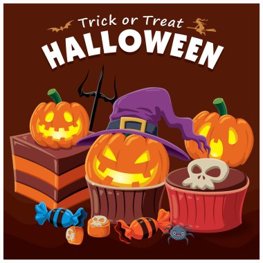 Vintage Halloween cupcake poster tasarımı vektör cupcake karakteri ile.