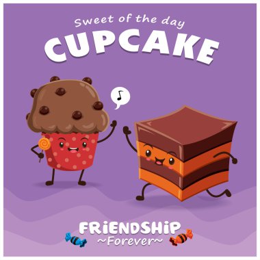 Vintage Cupcake afiş tasarımı vektör cupcake karakteri ile.