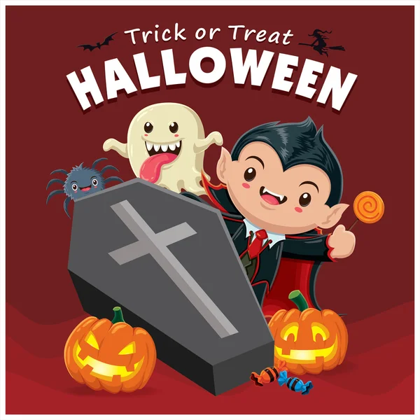 Design de cartaz de Halloween vintage com caráter de vampiro vetorial . — Vetor de Stock