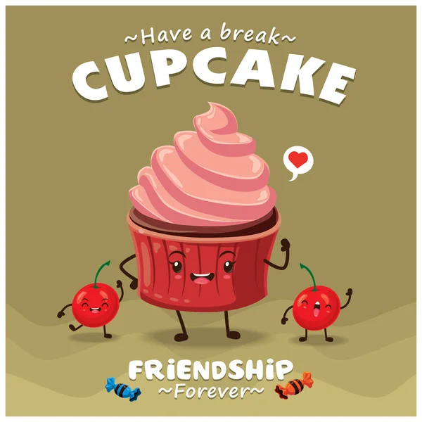 Desain poster Cupcake vintage dengan karakter vektor cupcake . - Stok Vektor