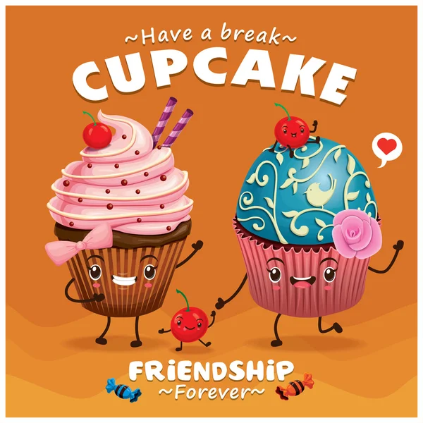 Design de cartaz Vintage Cupcake com caráter de cupcake vetorial . —  Vetores de Stock