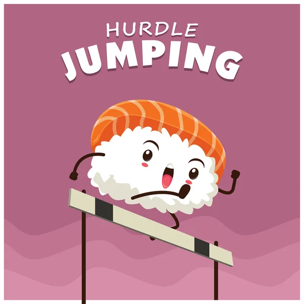 Diseño de póster deportivo vintage con vector sushi hurdle jumping carácter . — Vector de stock