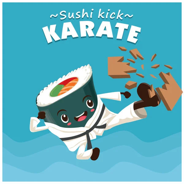 Design de cartaz esportivo vintage com caráter de chute de karatê de sushi vetorial . —  Vetores de Stock