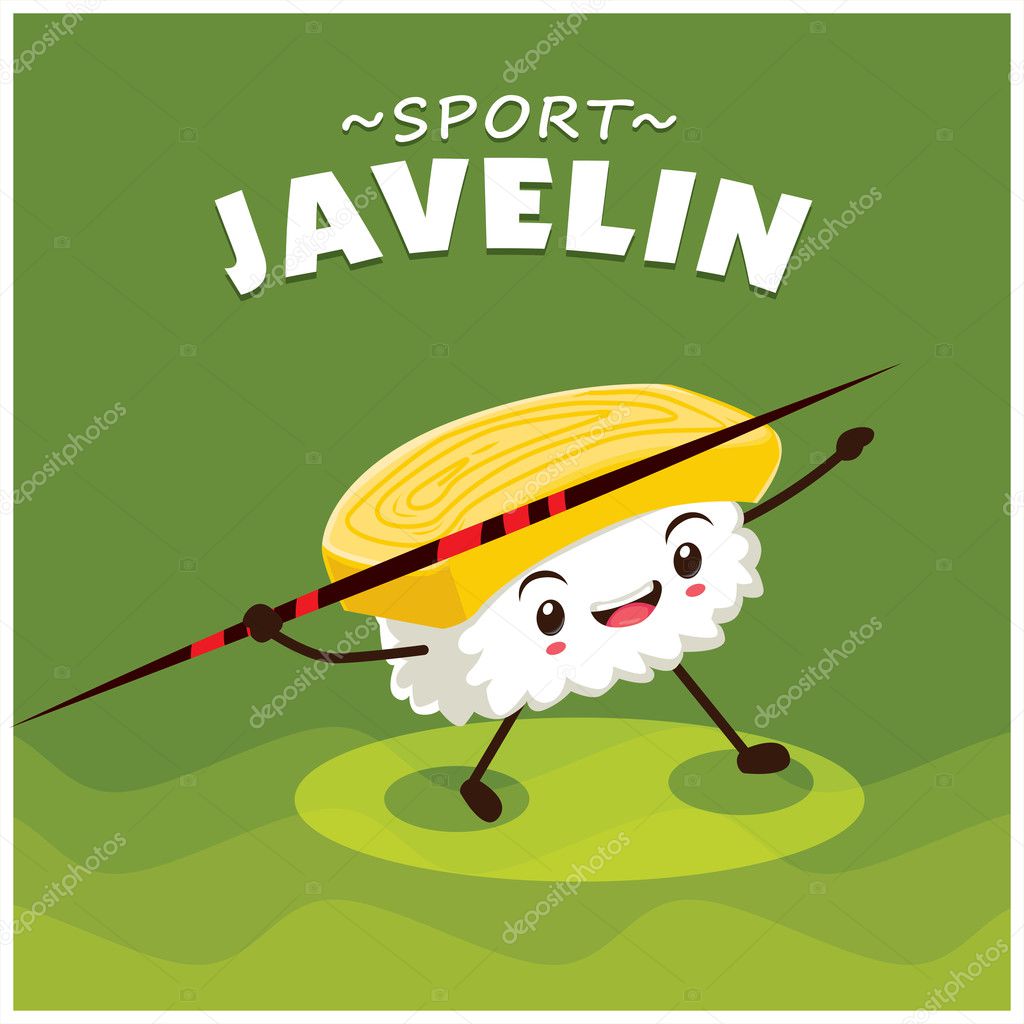 Vintage sport poster design with vector sushi throwing javelin character.