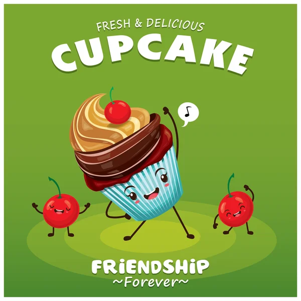 Design de pôster de cupcake vintage com caráter de cupcake — Vetor de Stock
