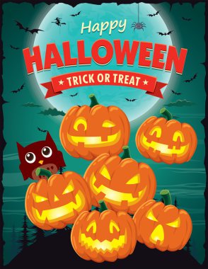 Vintage Halloween poster tasarımı vektör jack o fener karakteri ile.