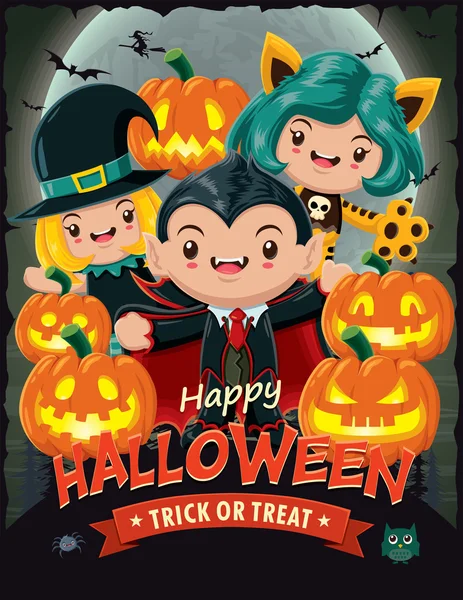 Vintage Halloween poster design with vector vampire, witch, cat character. — Stock Vector