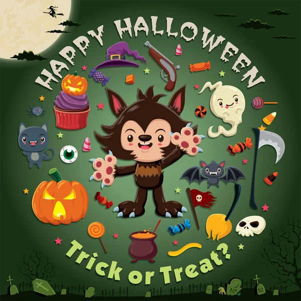 Desain poster Halloween kuno dengan karakter manusia serigala vektor . - Stok Vektor