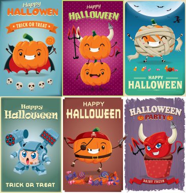 Vintage Halloween poster tasarım kümesi ile vektör şeytan, anne, robot, korsan, vampir, cupcake, jack o fener karakter.