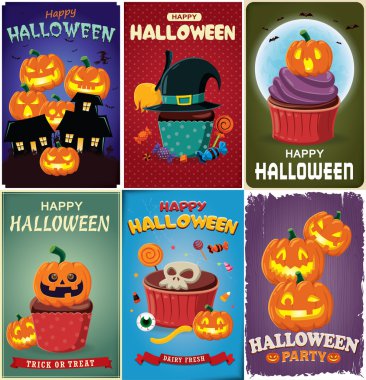 Vintage Halloween vektör şeytan, cupcake, jack o fener karakter set poster tasarımı.