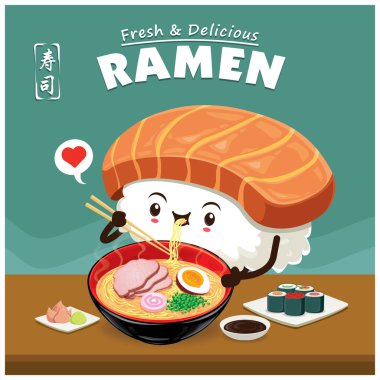 Vintage suşi ramen afiş tasarımı. Çince kelime suşi anlamına gelir..