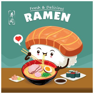 Vintage Sushi ramen poster design. Chinese word means sushi. clipart