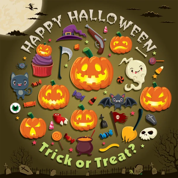 Vintage Halloween poster ontwerp met vector jack o lantern karakter. — Stockvector