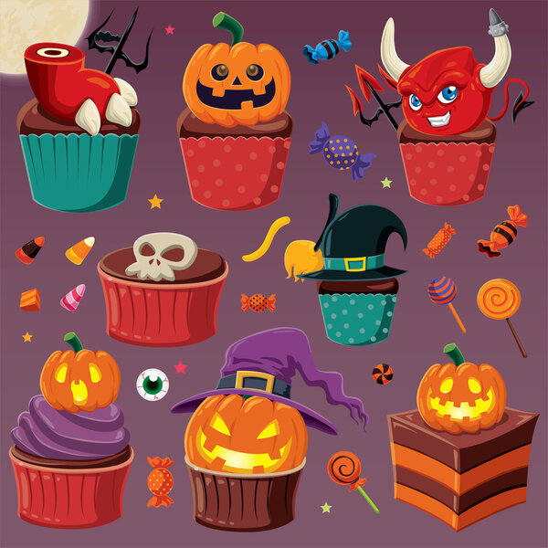Vintage Halloween poster design with vector cupcake character.